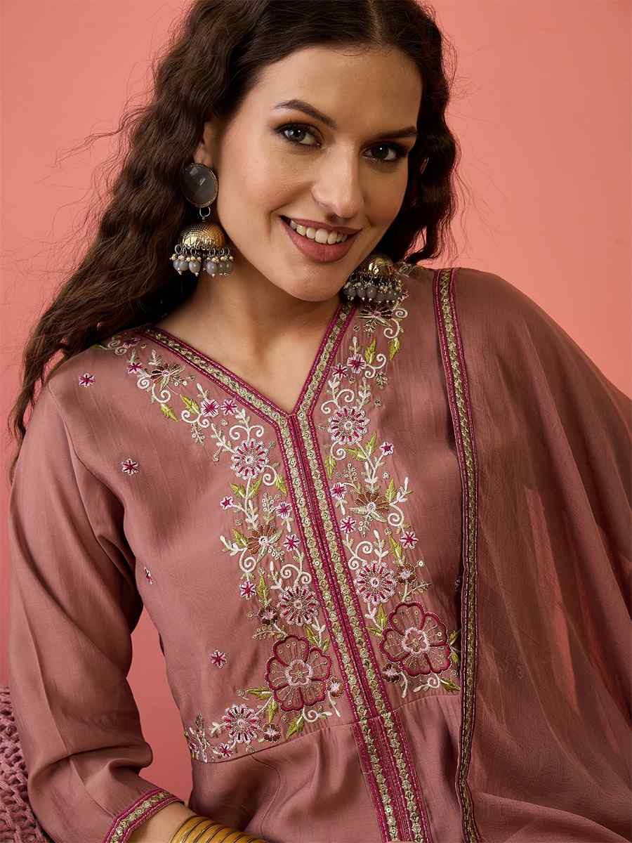 Brown Roman Silk Embroidered Party Wedding Ready Palazzo Pant Salwar Kameez