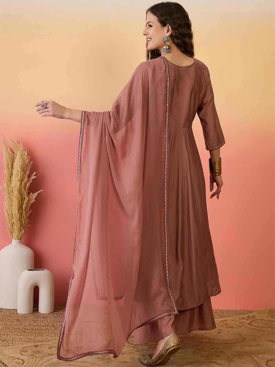 Brown Roman Silk Embroidered Party Wedding Ready Palazzo Pant Salwar Kameez