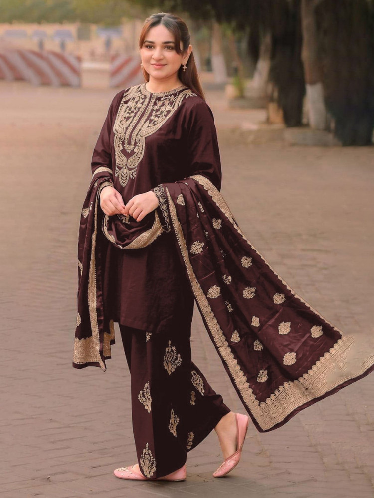 Image of Brown Satin Embroidery Wedding Party Festival Casual Ready Palazzo Pant Salwar Kameez