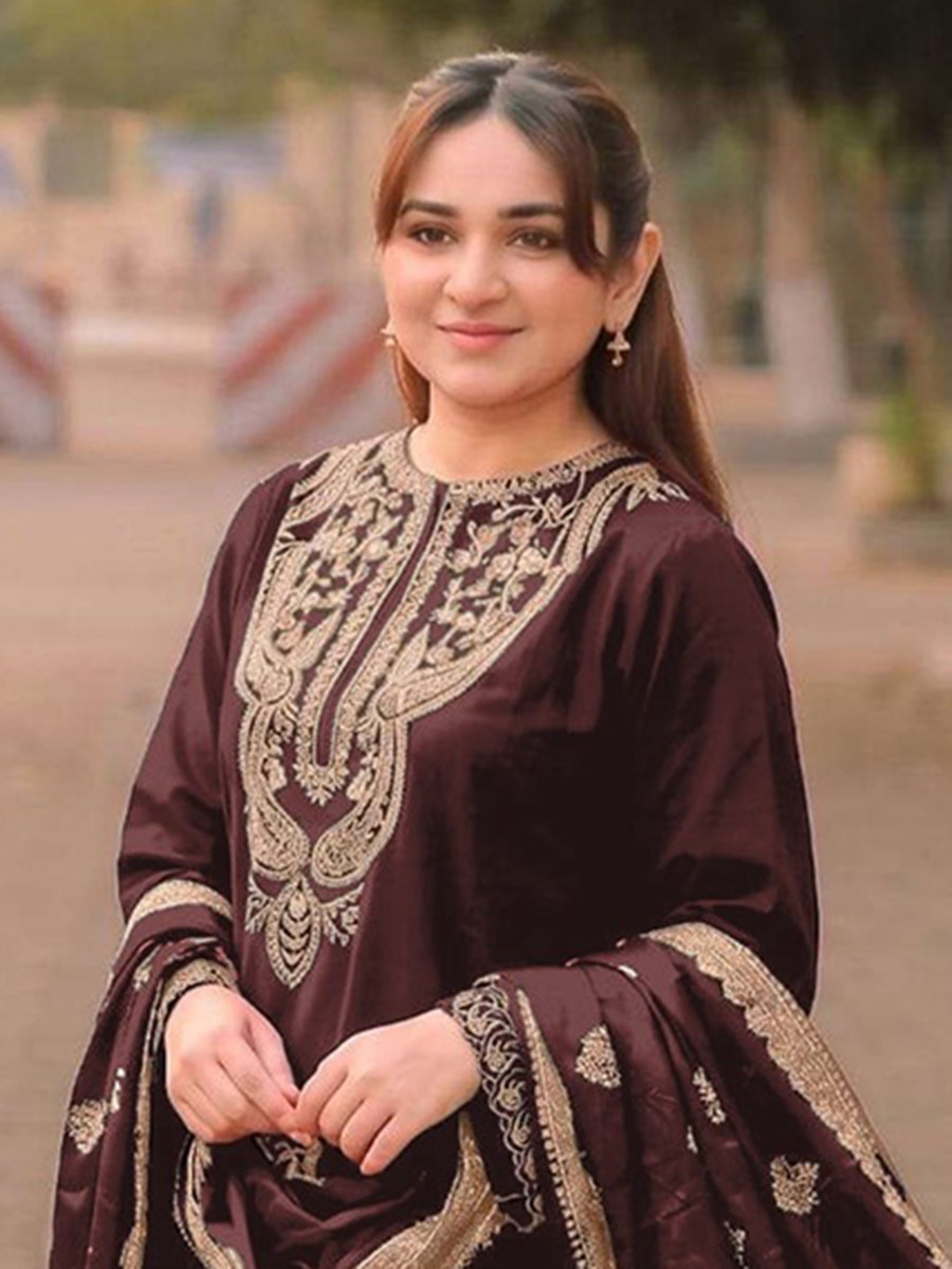 Brown Satin Embroidery Wedding Party Festival Casual Ready Palazzo Pant Salwar Kameez