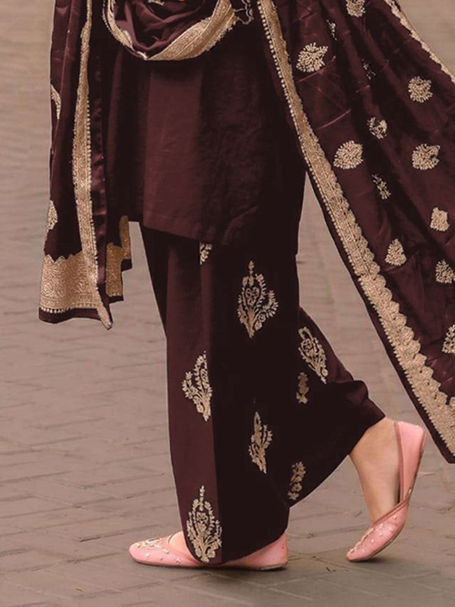 Brown Satin Embroidery Wedding Party Festival Casual Ready Palazzo Pant Salwar Kameez