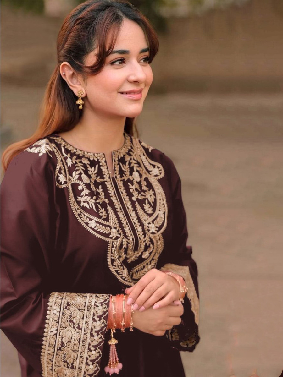 Brown Satin Embroidery Wedding Party Festival Casual Ready Palazzo Pant Salwar Kameez