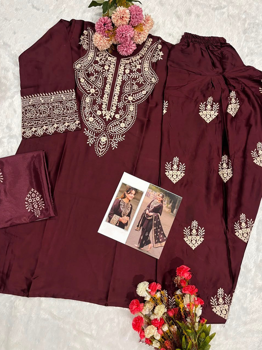 Brown Satin Embroidery Wedding Party Festival Casual Ready Palazzo Pant Salwar Kameez