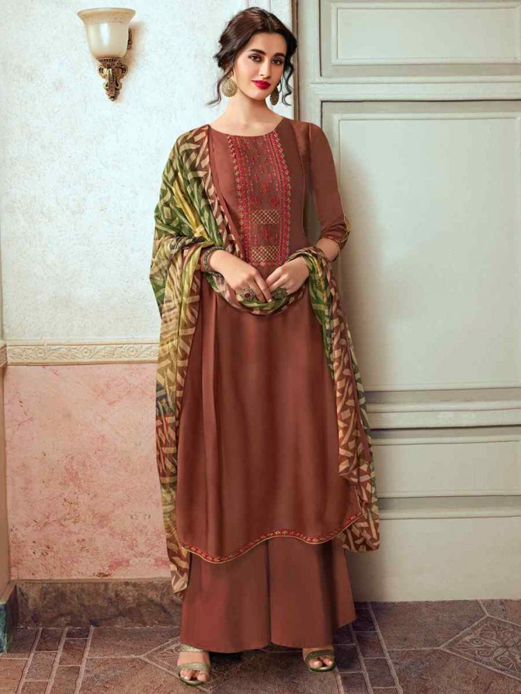 Brown Satin Georgette Embroidered Festival Casual Palazzo Pant Salwar Kameez