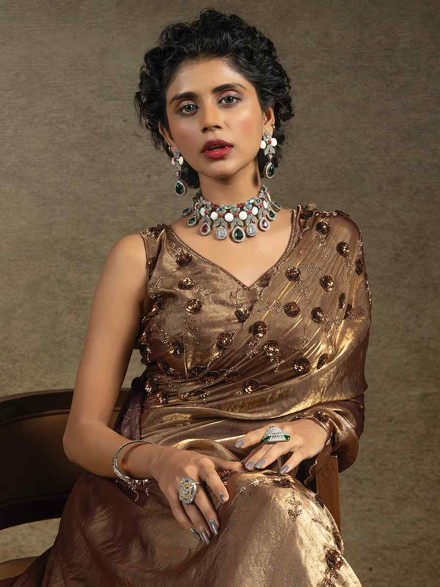 Brown Satin Silk Embroidered Festival Wedding Fancy Heavy Border Saree