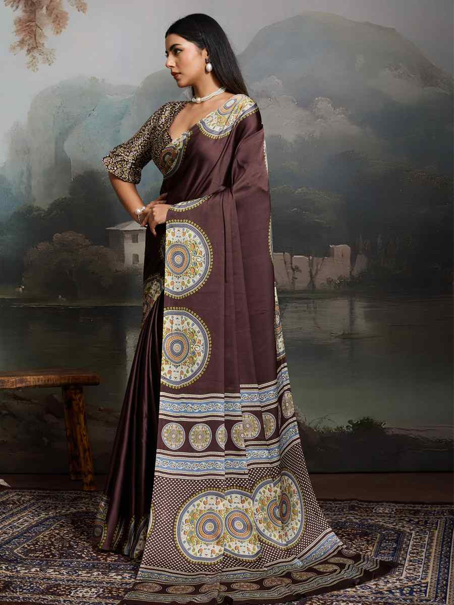 Brown Satin Silk Printed Traditional Casual Reception Festival Wedding Fancy Heavy Border Saree