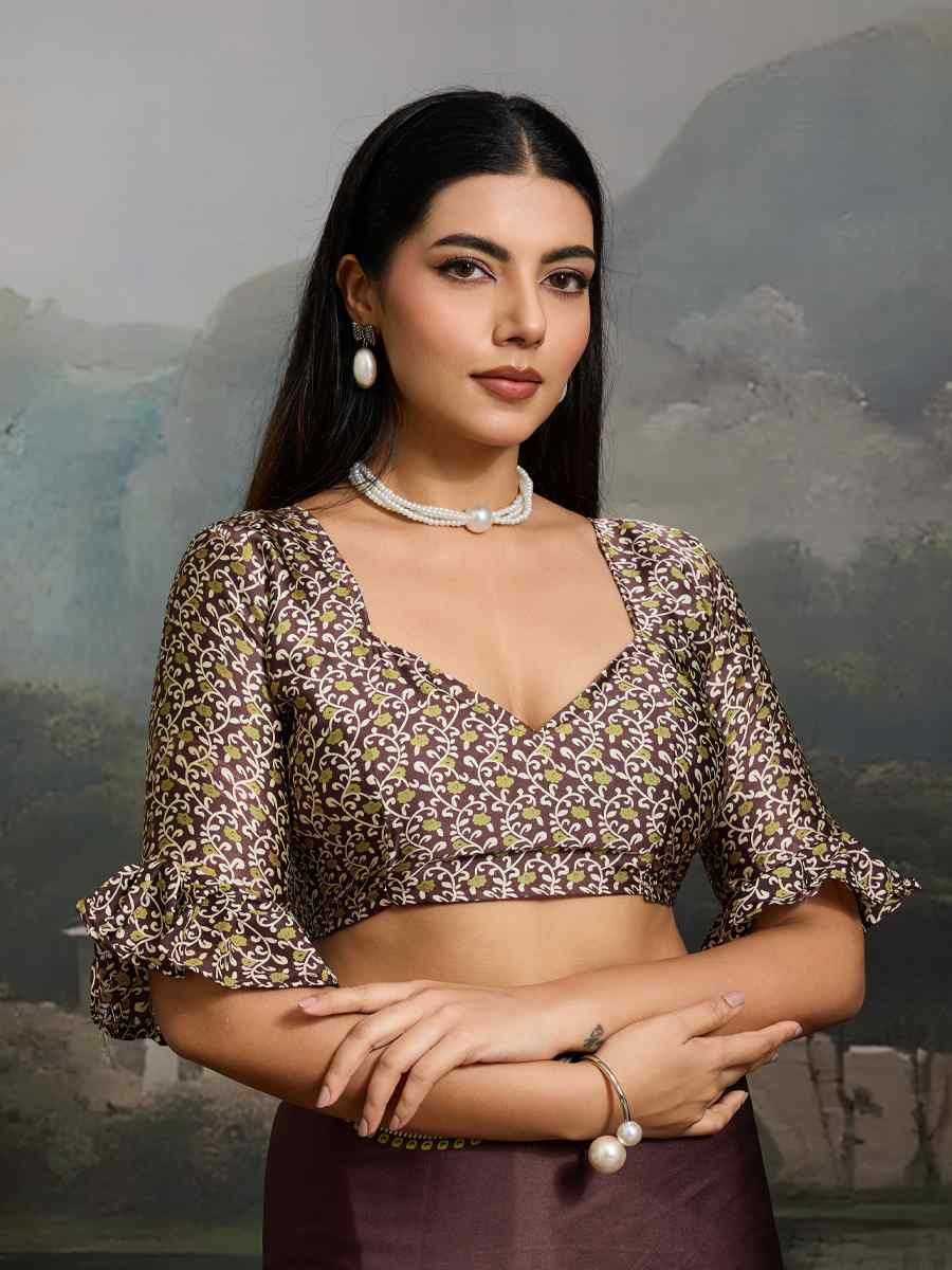 Brown Satin Silk Printed Traditional Casual Reception Festival Wedding Fancy Heavy Border Saree