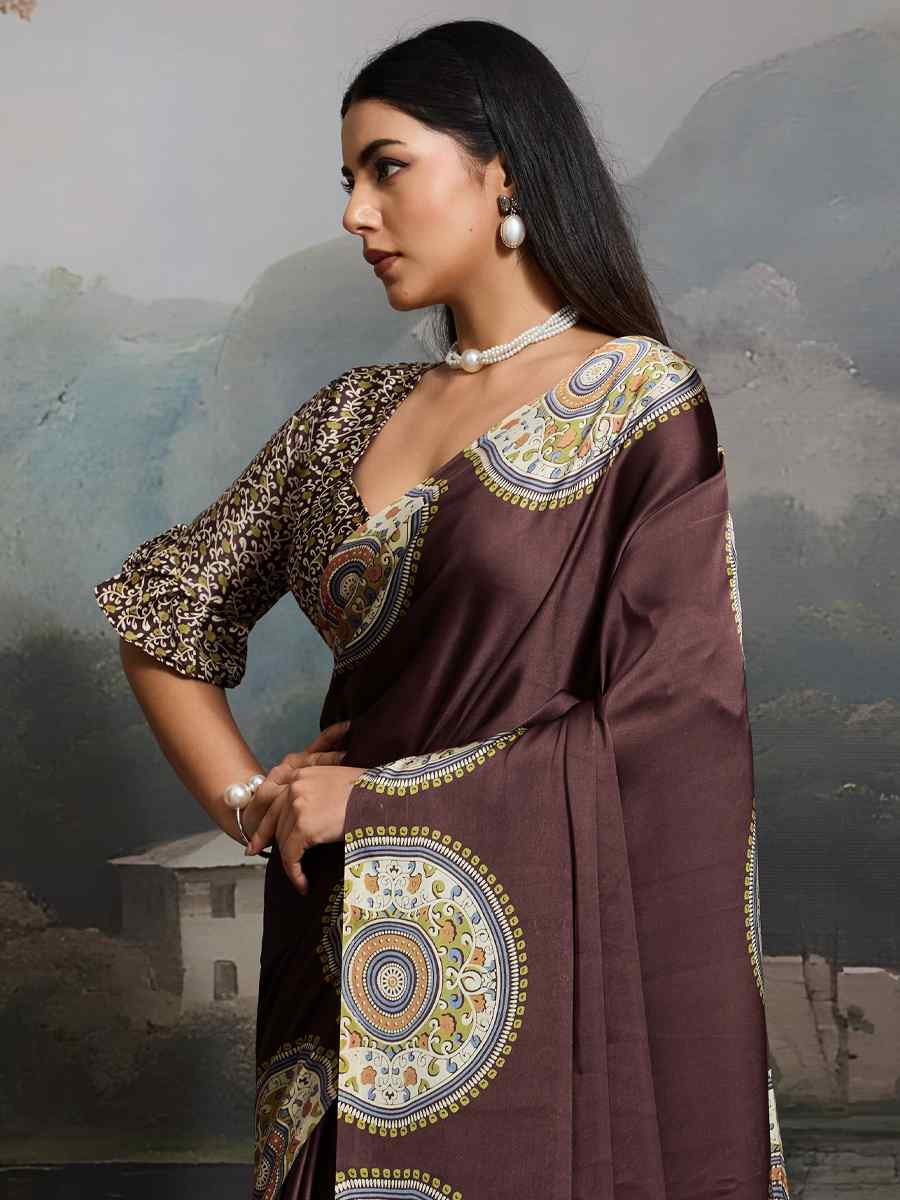Brown Satin Silk Printed Traditional Casual Reception Festival Wedding Fancy Heavy Border Saree