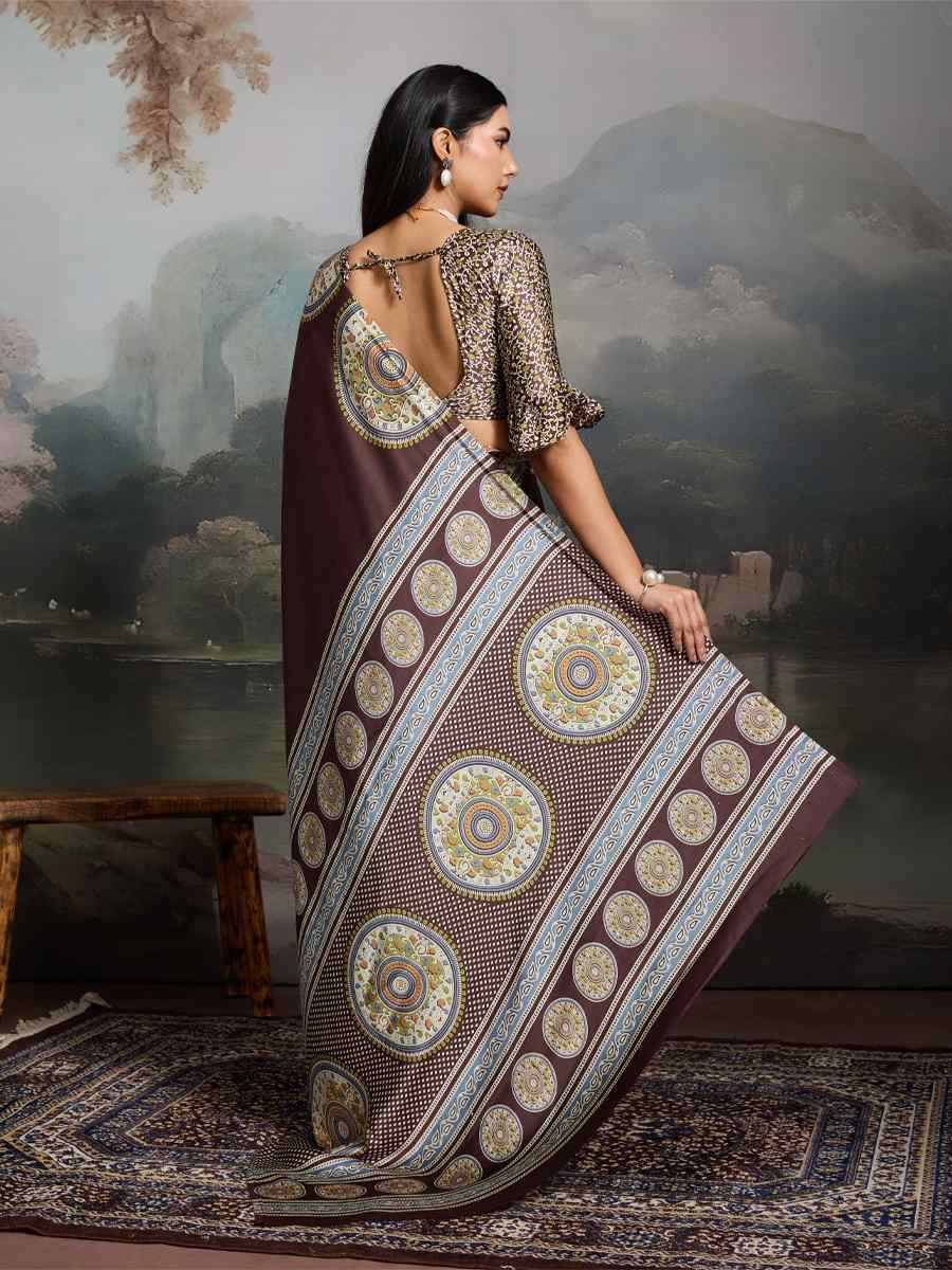 Brown Satin Silk Printed Traditional Casual Reception Festival Wedding Fancy Heavy Border Saree