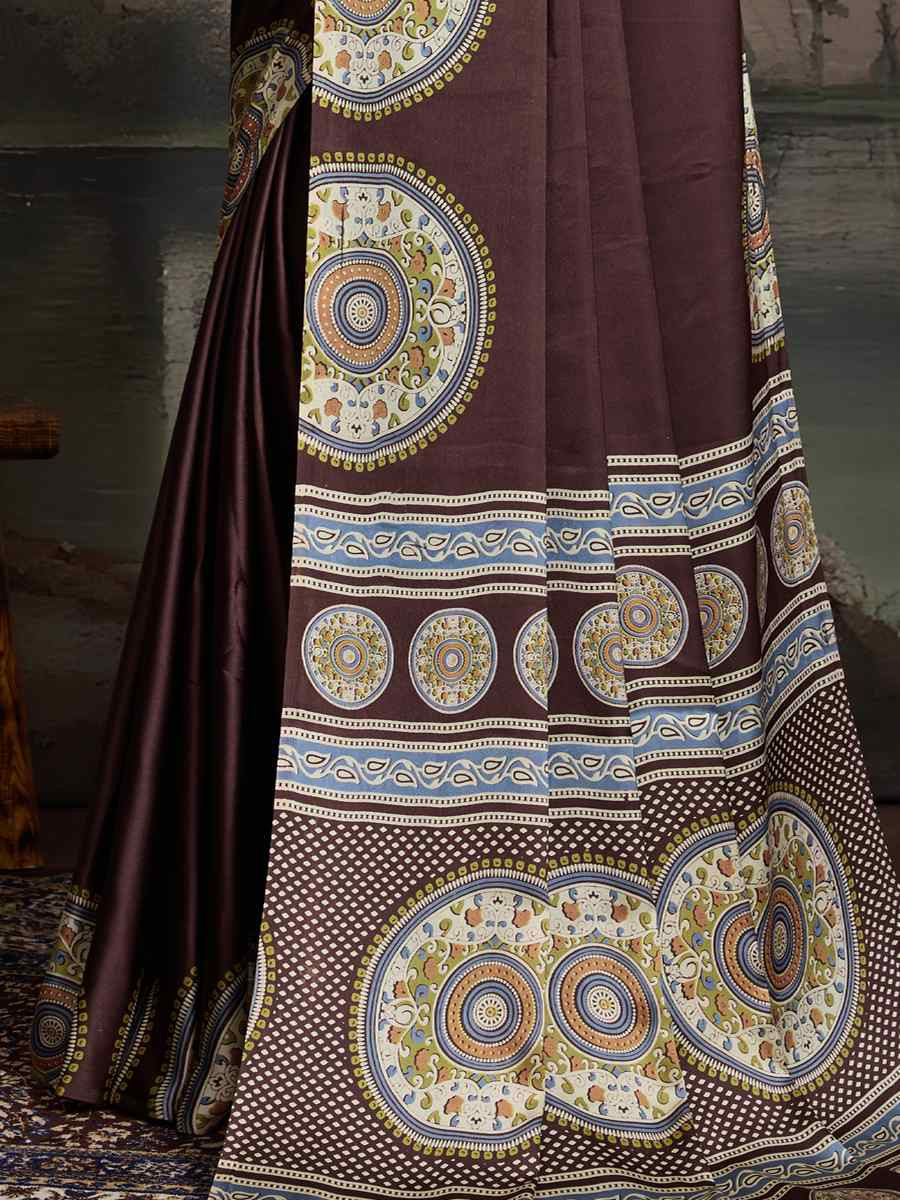 Brown Satin Silk Printed Traditional Casual Reception Festival Wedding Fancy Heavy Border Saree