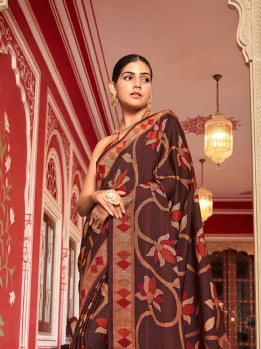 Brown Sigma Silk Zari Handwoven Casual Reception Festival Wedding Fancy Heavy Border Saree