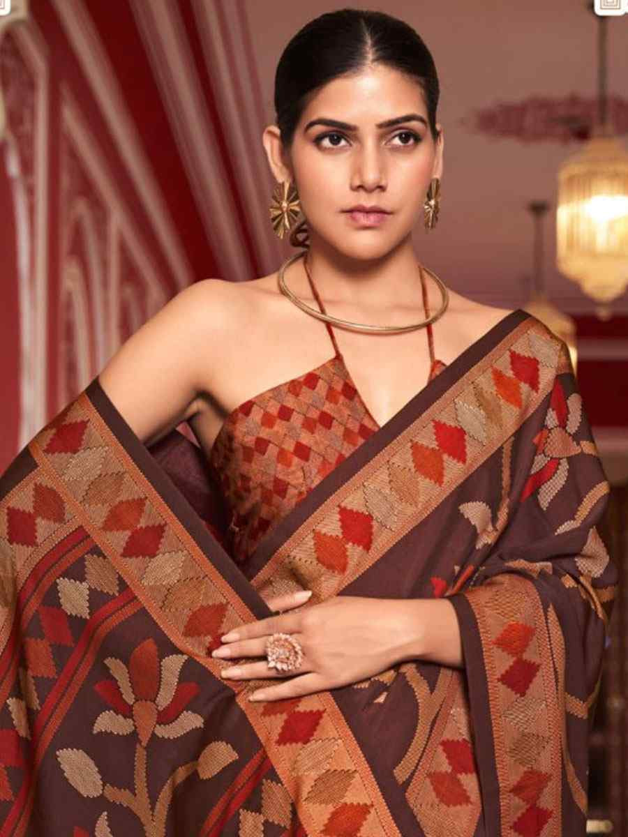 Brown Sigma Silk Zari Handwoven Casual Reception Festival Wedding Fancy Heavy Border Saree