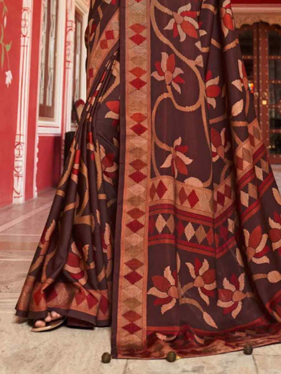 Brown Sigma Silk Zari Handwoven Casual Reception Festival Wedding Fancy Heavy Border Saree