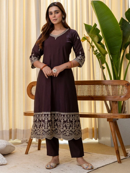 Brown Silk Blend Embroidery Sequins Wedding Festival Casual Party Ready Pant Salwar Kameez