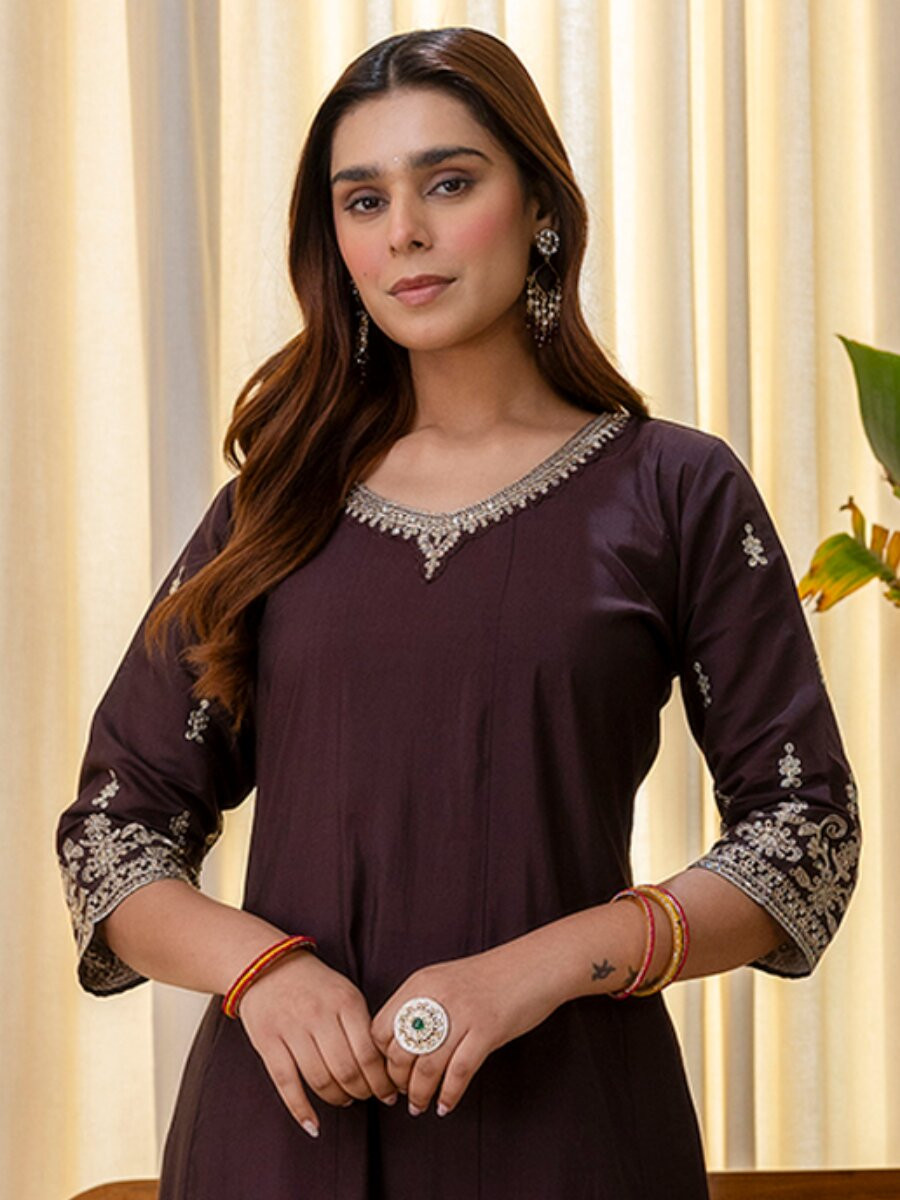 Brown Silk Blend Embroidery Sequins Wedding Festival Casual Party Ready Pant Salwar Kameez