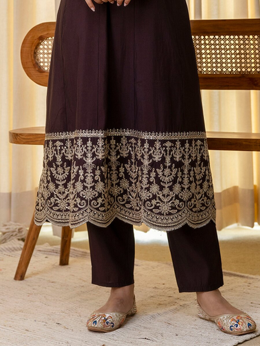 Brown Silk Blend Embroidery Sequins Wedding Festival Casual Party Ready Pant Salwar Kameez