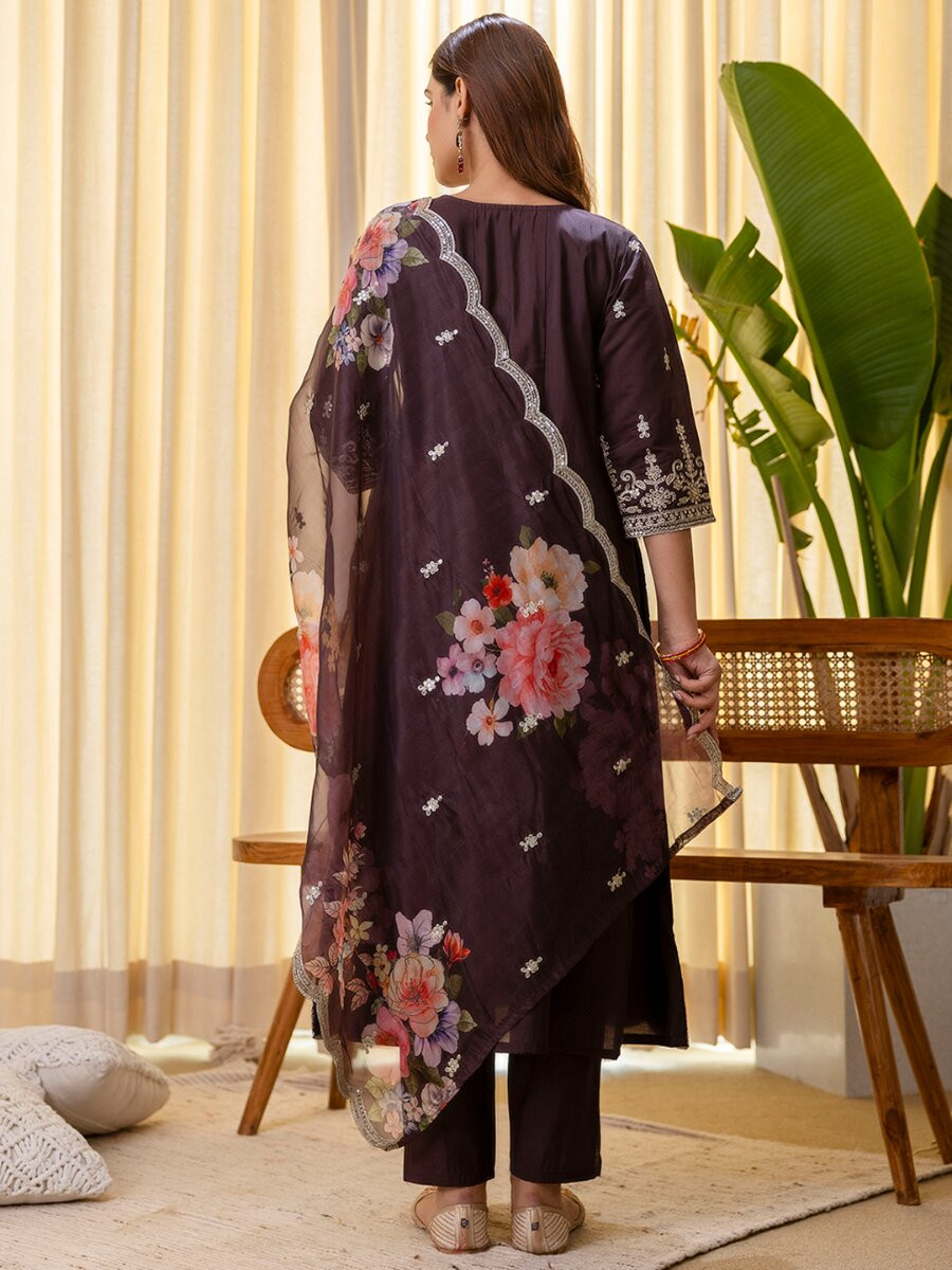 Brown Silk Blend Embroidery Sequins Wedding Festival Casual Party Ready Pant Salwar Kameez