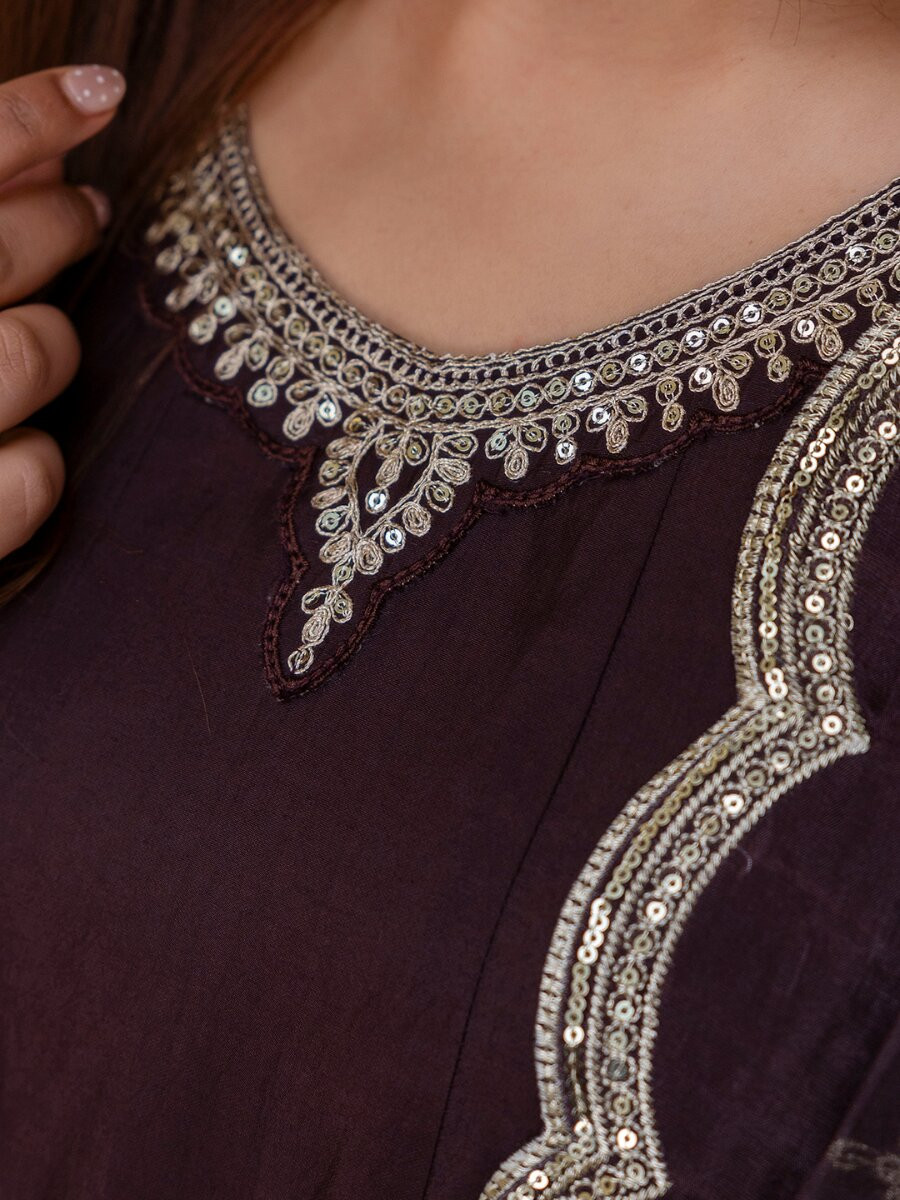 Brown Silk Blend Embroidery Sequins Wedding Festival Casual Party Ready Pant Salwar Kameez