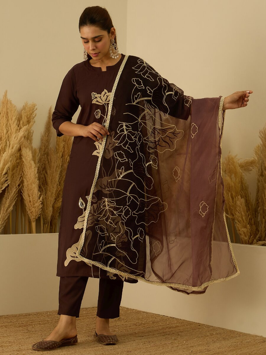 Brown Silk Blend Embroidery Wedding Festival Casual Party Ready Pant Salwar Kameez