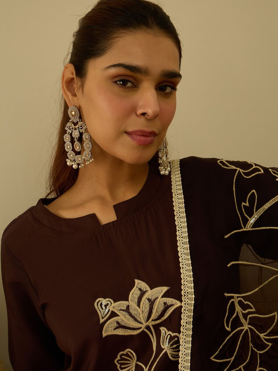 Brown Silk Blend Embroidery Wedding Festival Casual Party Ready Pant Salwar Kameez