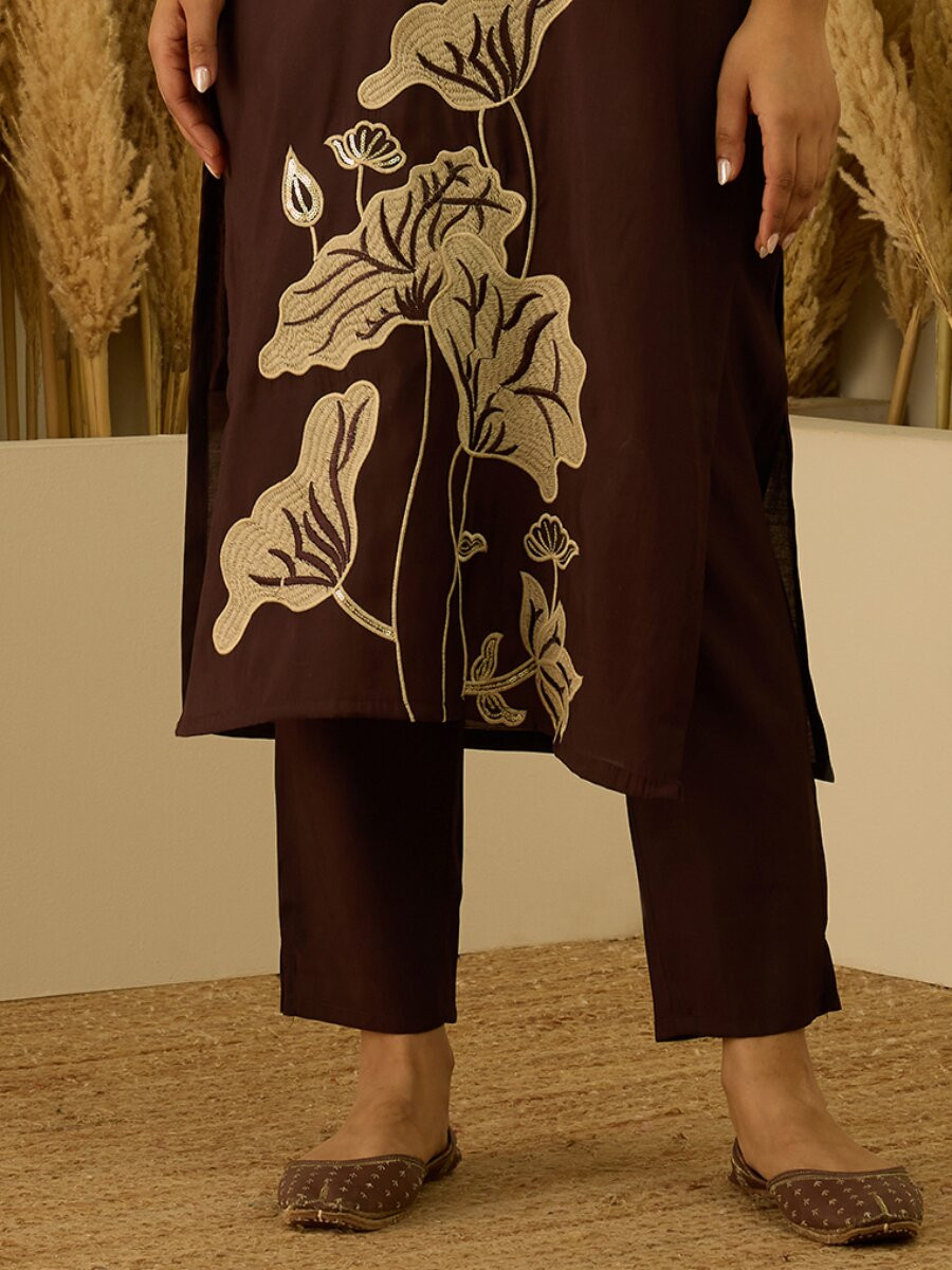 Brown Silk Blend Embroidery Wedding Festival Casual Party Ready Pant Salwar Kameez