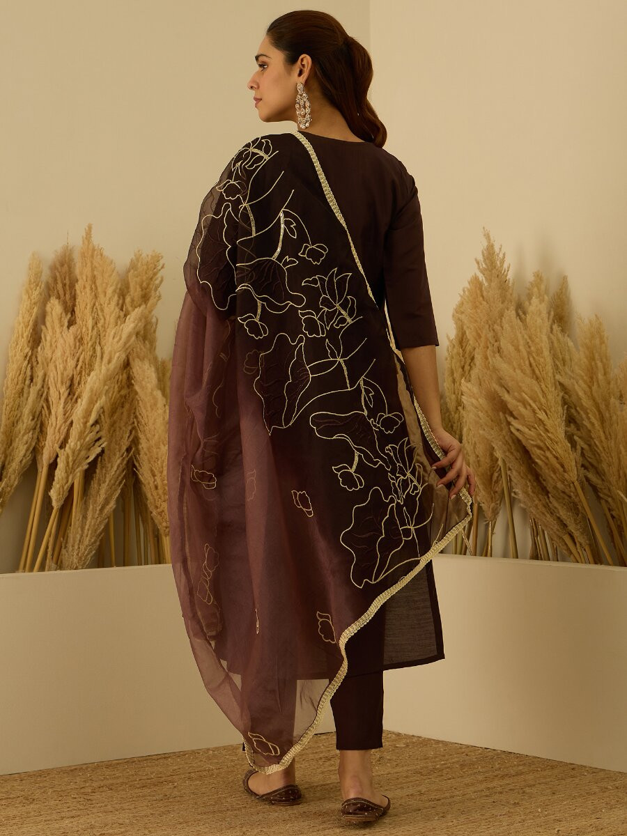 Brown Silk Blend Embroidery Wedding Festival Casual Party Ready Pant Salwar Kameez
