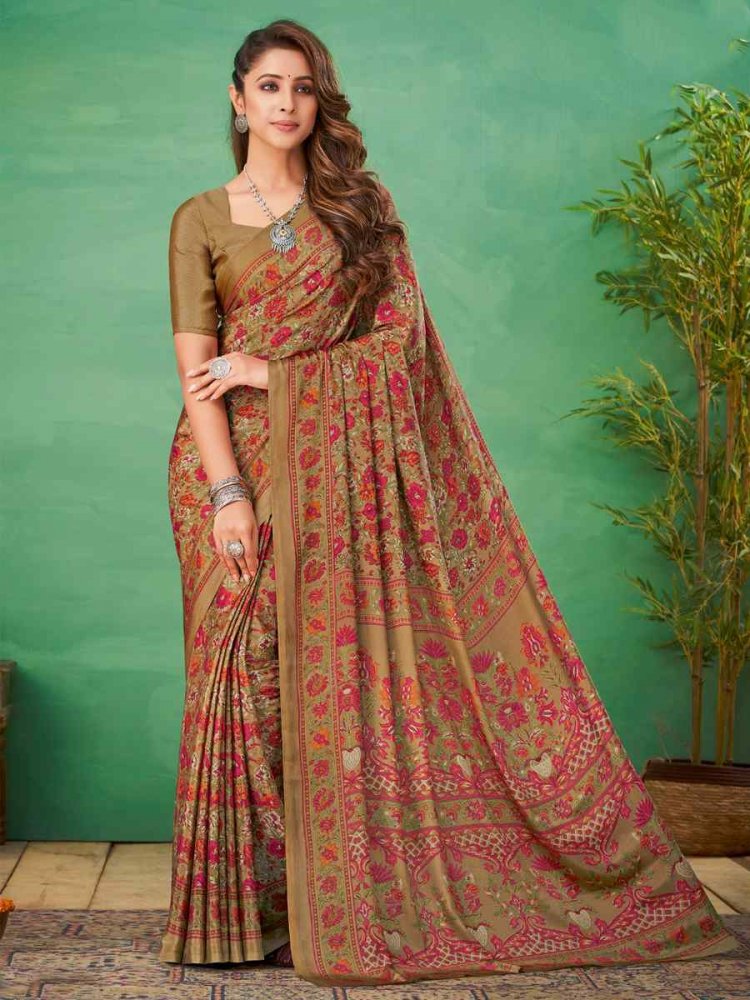 Brown Silk Crepe Printed Casual Festival Contemporary Saree