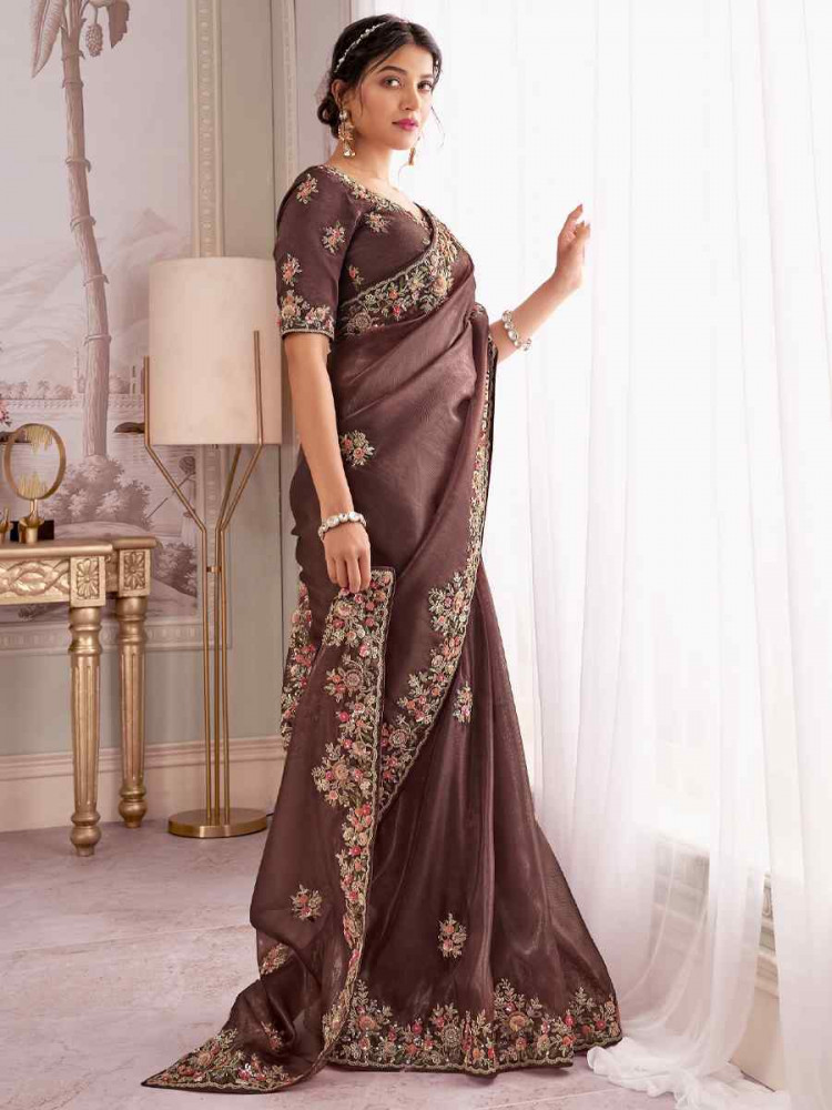 Brown Silk Embroidered Festival Wedding Fancy Heavy Border Saree