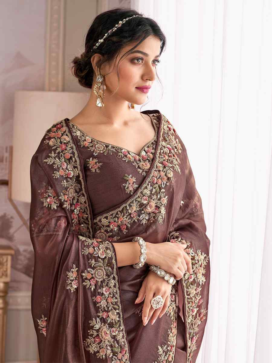 Brown Silk Embroidered Festival Wedding Fancy Heavy Border Saree