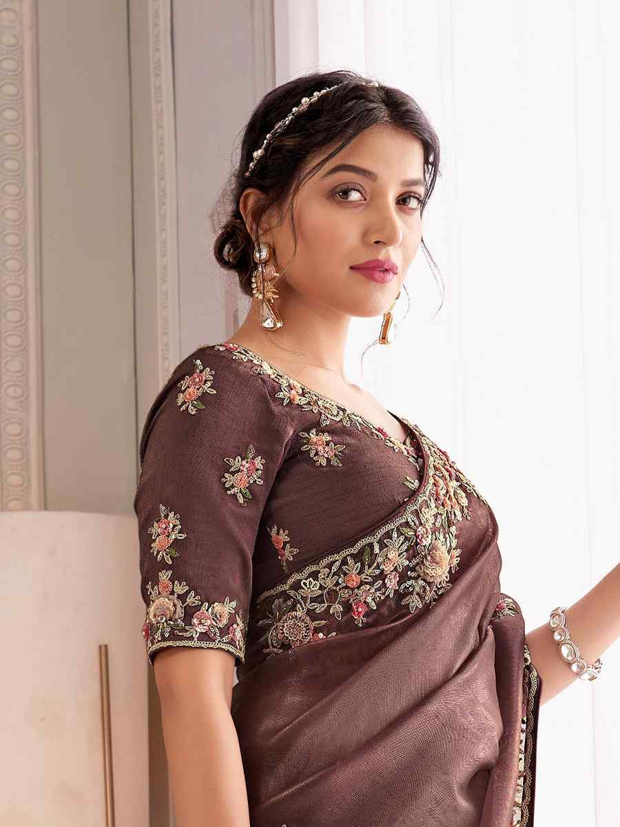 Brown Silk Embroidered Festival Wedding Fancy Heavy Border Saree