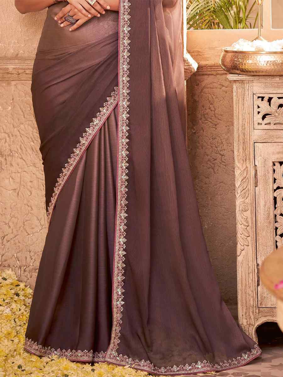 Brown Silk Embroidered Party Festival Classic Style Saree