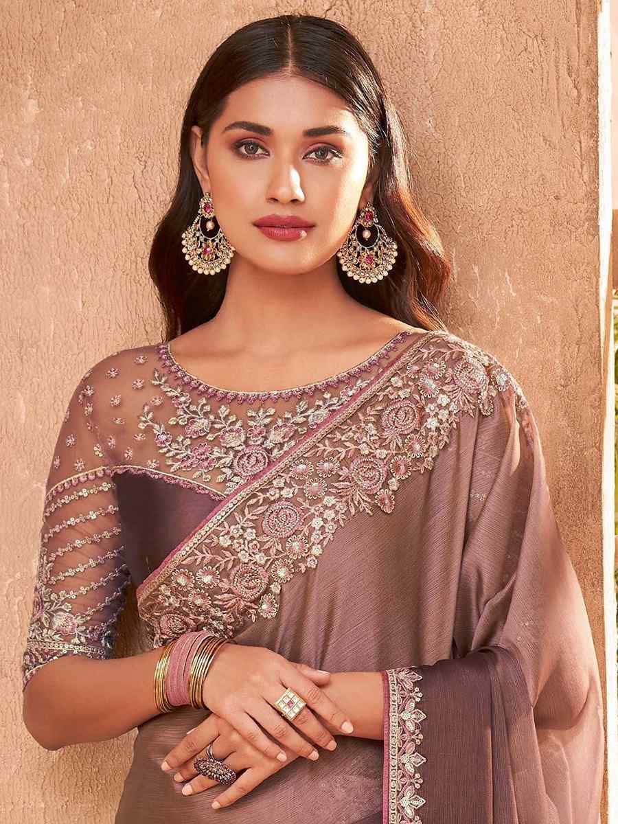 Brown Silk Embroidered Party Festival Classic Style Saree