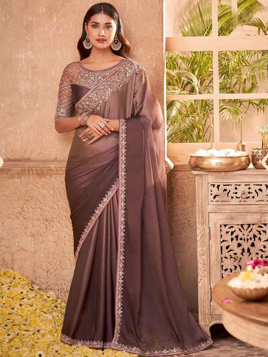 Brown Silk Embroidered Party Festival Classic Style Saree
