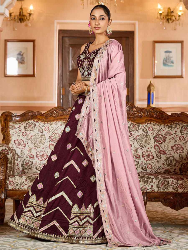 Image of Brown Silk Embroidered Wedding Reception Festival Heavy Border Lehenga Choli