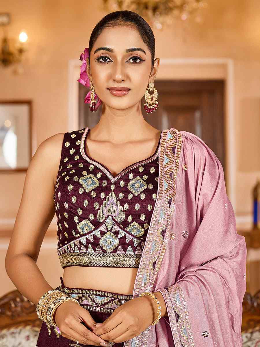 Brown Silk Embroidered Wedding Reception Festival Heavy Border Lehenga Choli
