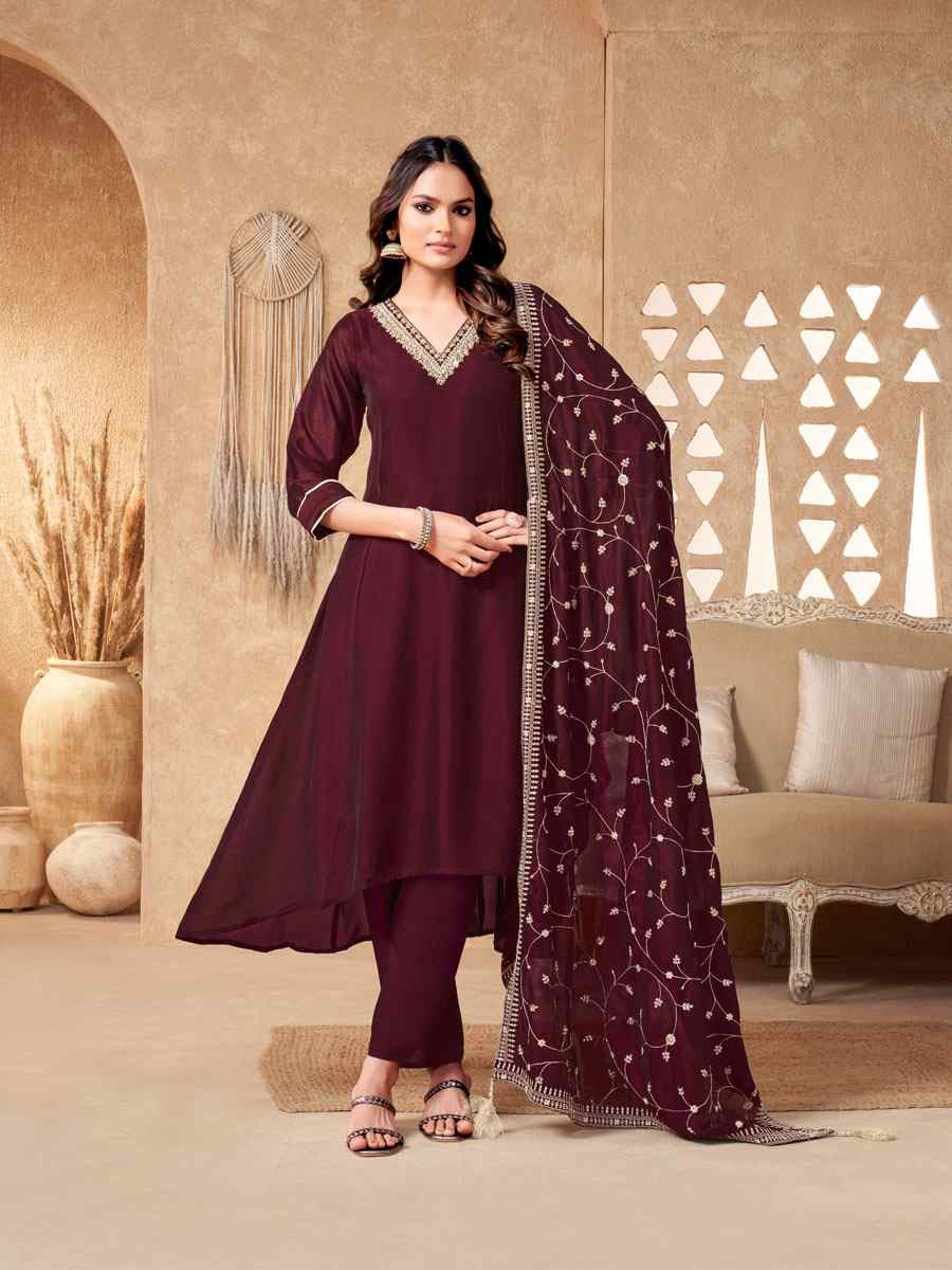Brown Silk Embroidery Party Wedding Festival Casual Ready Anarkali Salwar Kameez