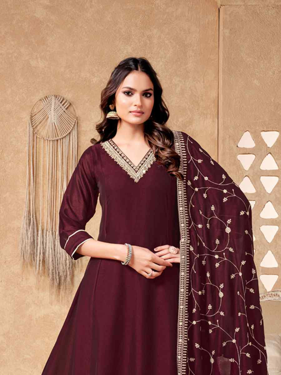 Brown Silk Embroidery Party Wedding Festival Casual Ready Anarkali Salwar Kameez