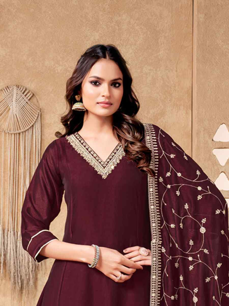 Brown Silk Embroidery Party Wedding Festival Casual Ready Anarkali Salwar Kameez
