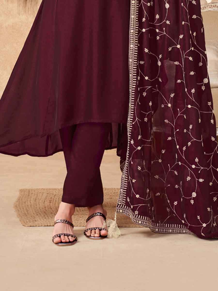 Brown Silk Embroidery Party Wedding Festival Casual Ready Anarkali Salwar Kameez