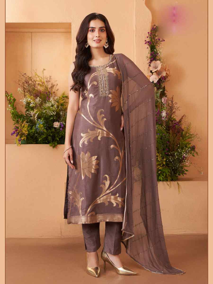Brown Silk Embroidery Party Wedding Festival Casual Ready Pant Salwar Kameez