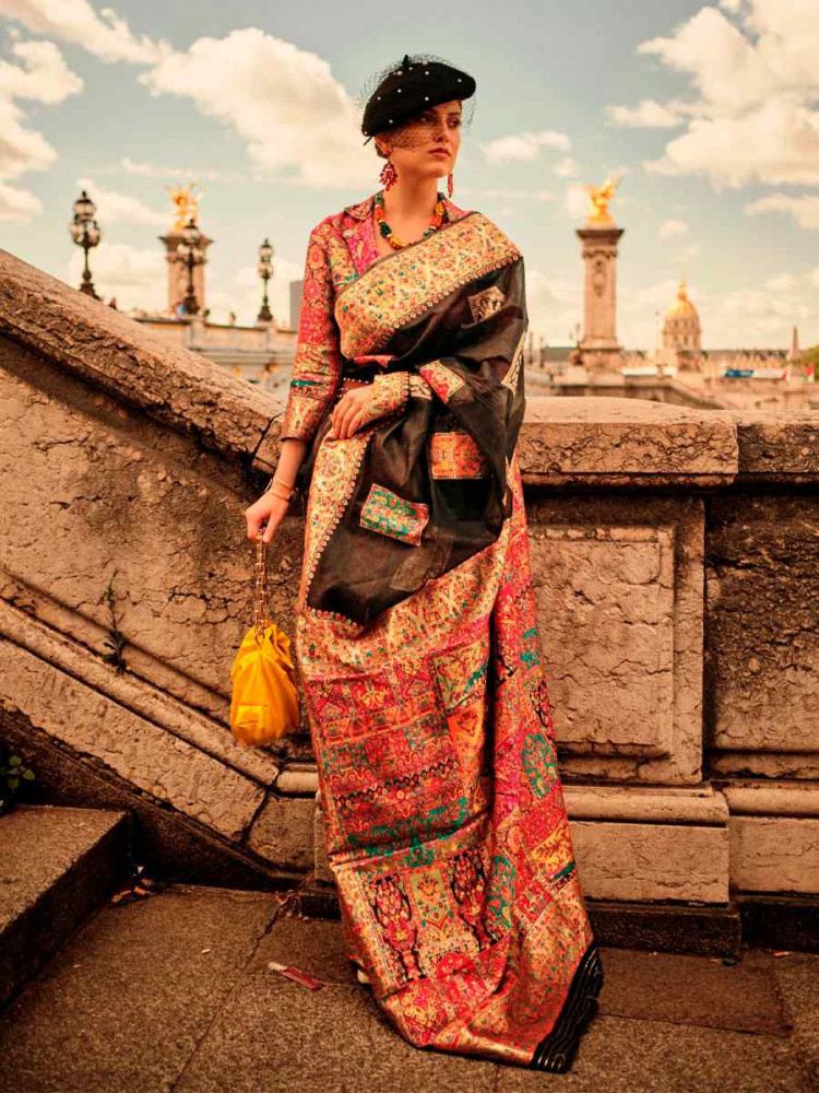 Image of Brown Silk Handwoven Traditional Bridal Reception Festival Wedding Fancy Heavy Border Saree