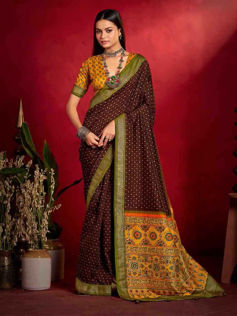 Brown Silk Handwoven Traditional Bridal Reception Festival Wedding Fancy Heavy Border Sarees