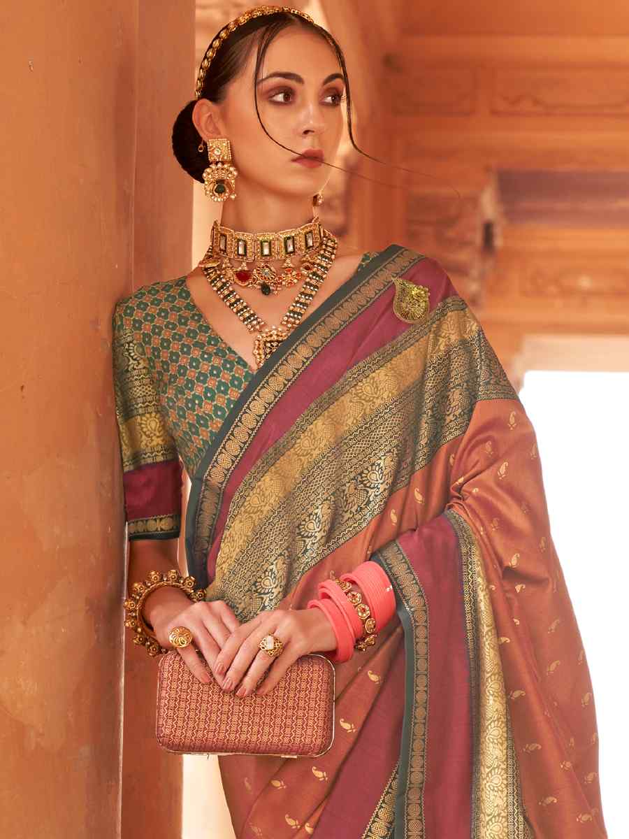 Brown Silk Handwoven Wedding Festival Heavy Border Saree