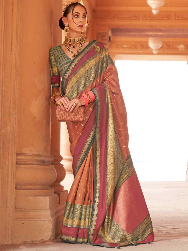 Brown Silk Handwoven Wedding Festival Heavy Border Saree