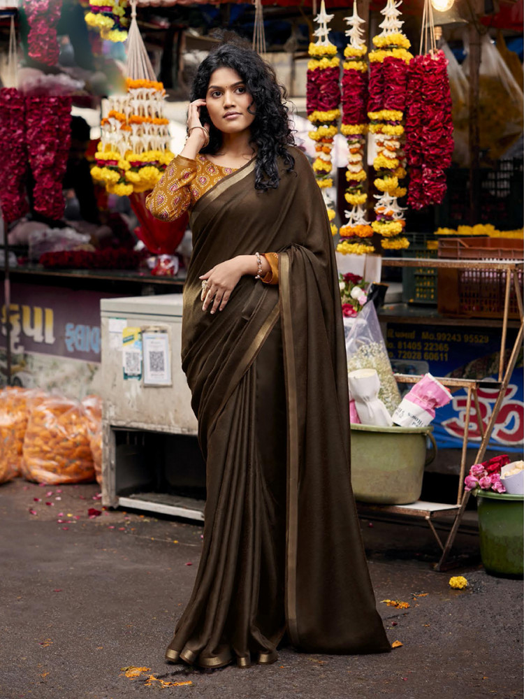Image of Brown Silk Plain Casual Party Festival Wedding Fancy Classic Style Sarees