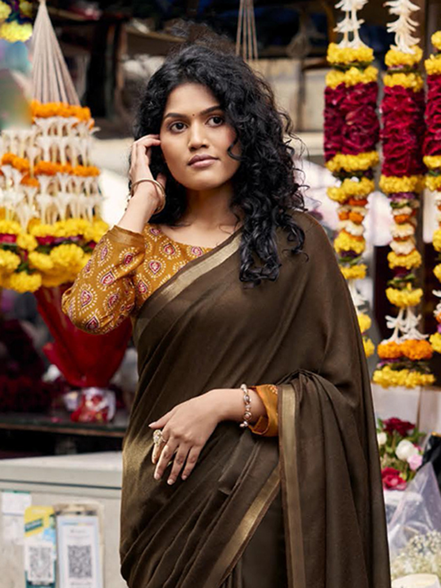 Brown Silk Plain Casual Party Festival Wedding Fancy Classic Style Sarees