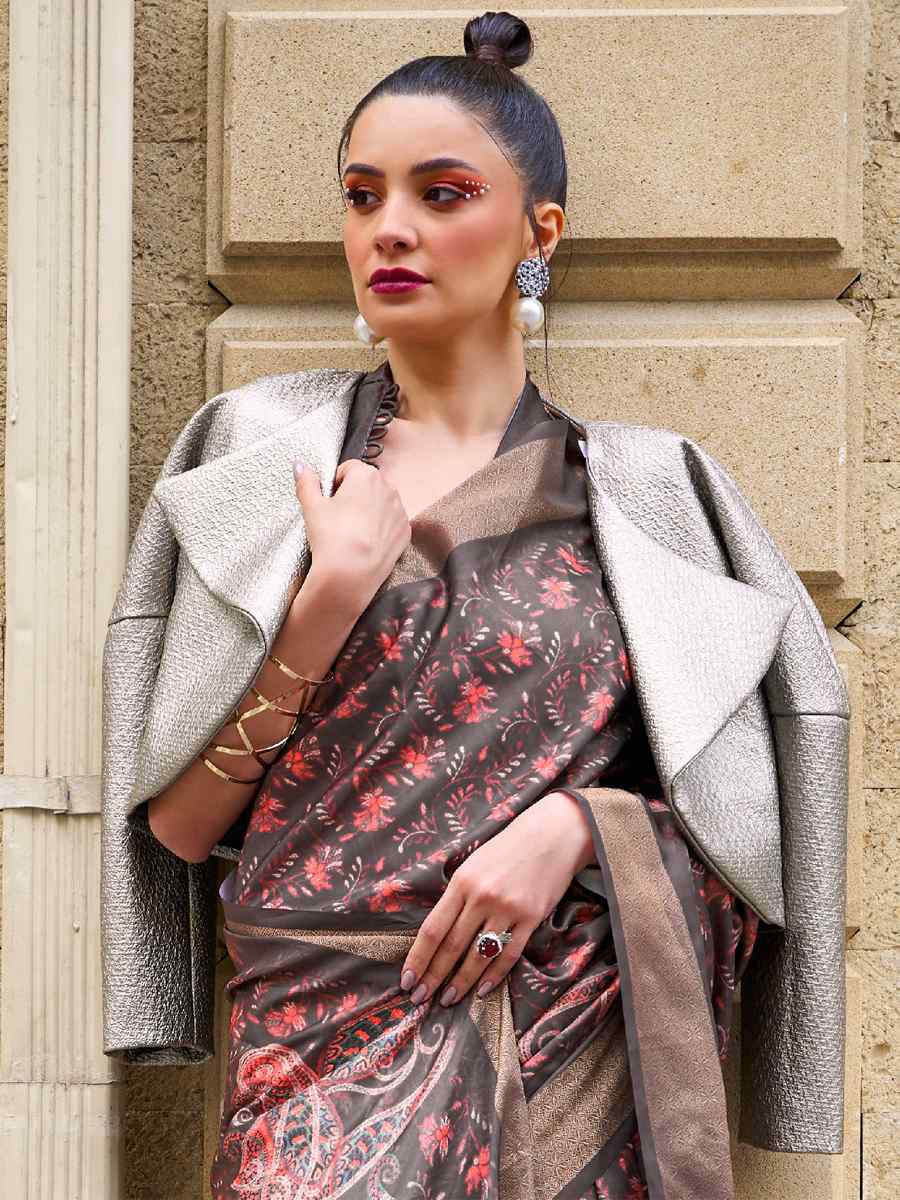 Brown Silk Printed Casual Party Classic Style Saree