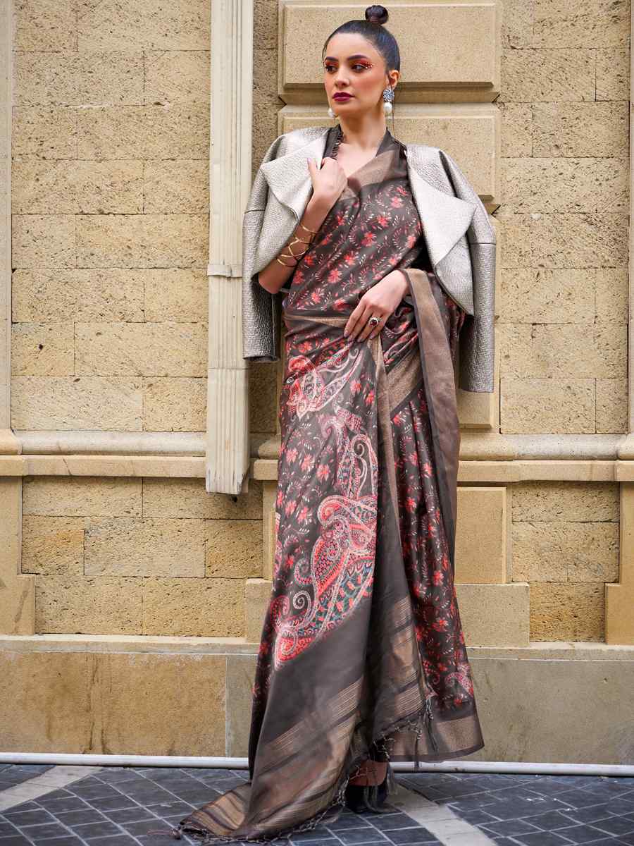 Brown Silk Printed Casual Party Classic Style Saree