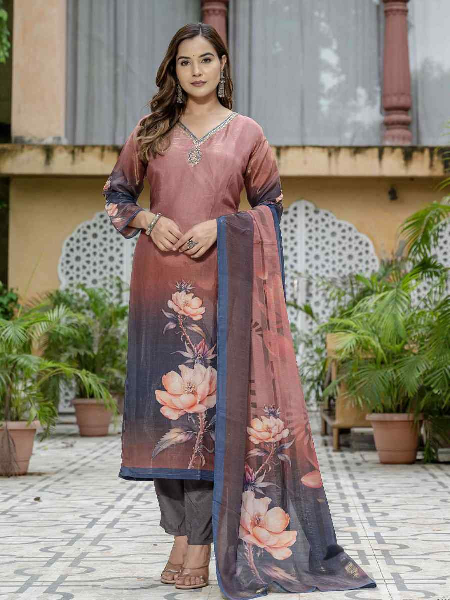 Brown Silk Printed Embroidery Party Wedding Festival Casual Ready Pant Salwar Kameez