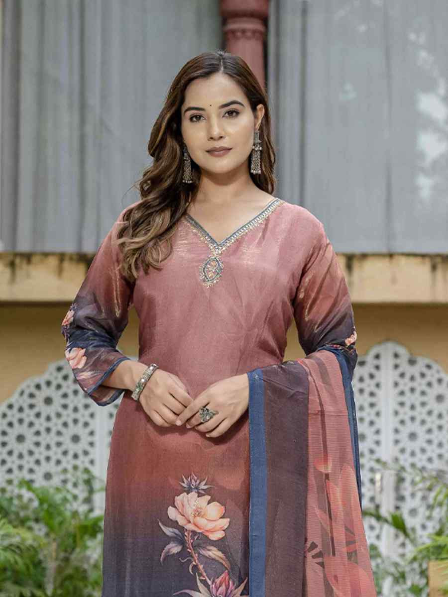 Brown Silk Printed Embroidery Party Wedding Festival Casual Ready Pant Salwar Kameez